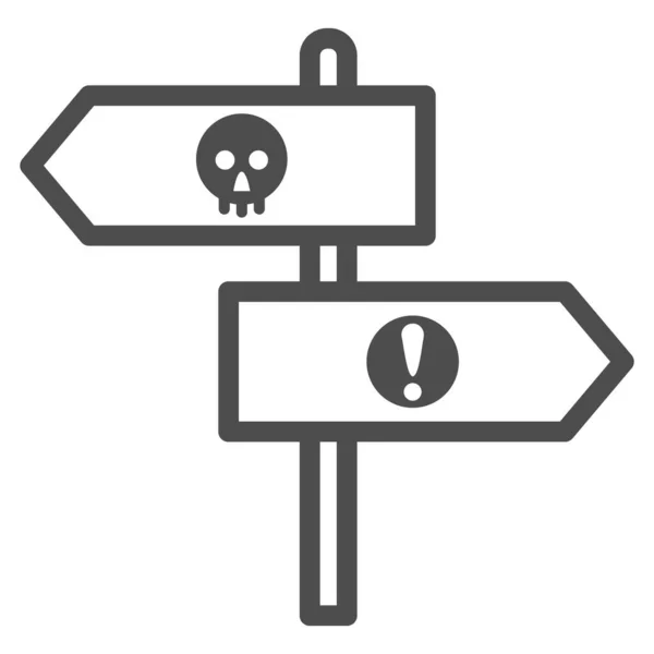 Icône de ligne de pointeurs de direction Halloween, concept Halloween, panneau de signalisation en bois sur fond blanc, panneau avec crâne et icône d'exclamation dans le style contour pour mobile. Graphiques vectoriels. — Image vectorielle