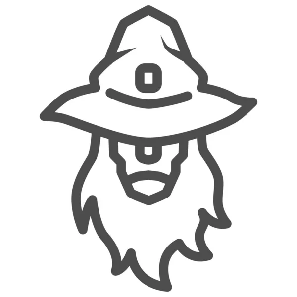 Wizard lijn pictogram, Halloween concept, hoofd van de tovenaar of tovenaar teken op witte achtergrond, persoon met baard in hoed pictogram in omtrek stijl voor mobiele concept en web design. vectorgrafieken. — Stockvector