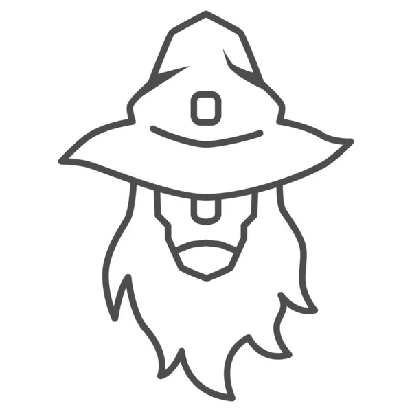 Wizard dunne lijn pictogram, Halloween concept, hoofd van de tovenaar of tovenaar teken op witte achtergrond, persoon met baard in hoed pictogram in omtrek stijl voor mobiele concept en web design. vectorgrafieken. — Stockvector