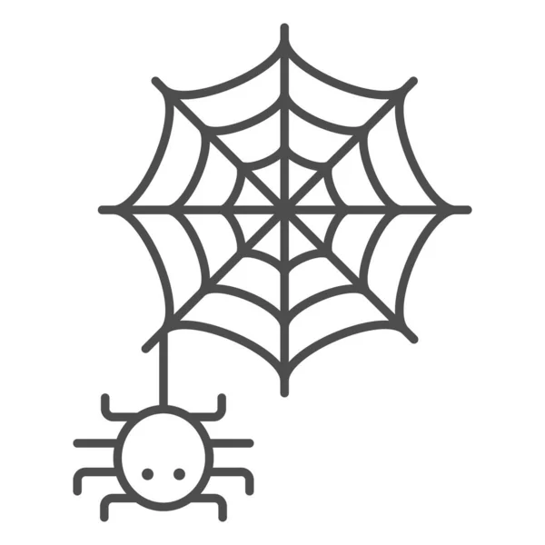 Icono de línea fina de araña y tela, concepto de Halloween, signo de araña sobre fondo blanco, Araneae sobre icono de malla en estilo de esquema para concepto móvil y diseño web. Gráficos vectoriales. — Vector de stock