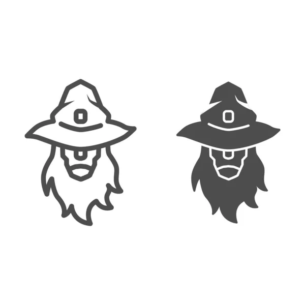 Wizard lijn en solide pictogram, Halloween concept, hoofd van de tovenaar of tovenaar teken op witte achtergrond, persoon met baard in hoed pictogram in omtrek stijl voor mobiele concept en webdesign. vectorgrafieken. — Stockvector