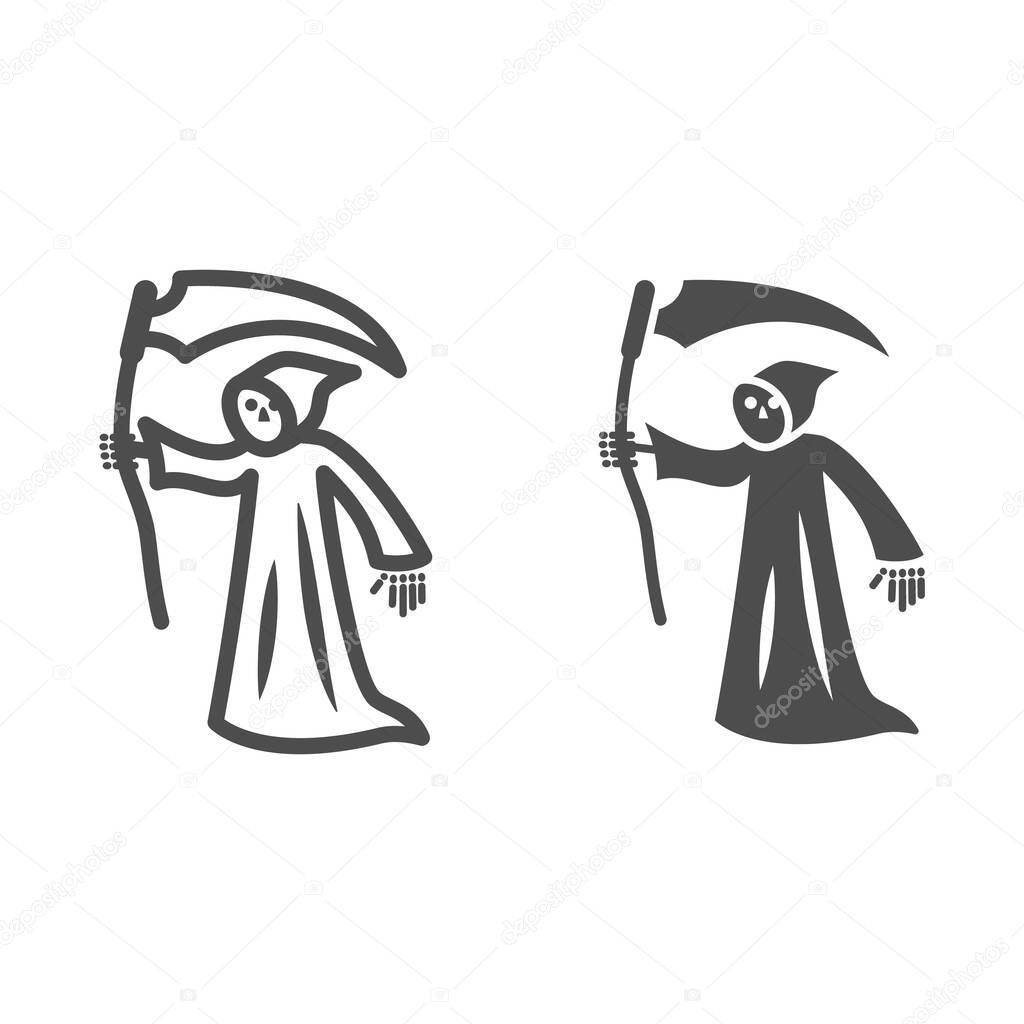 Grim Reaper line and solid icon, Halloween concept, Death with scytheman sign on white background, grim reaper with scythe icon in outline style for mobile concept and web design. Vector graphics