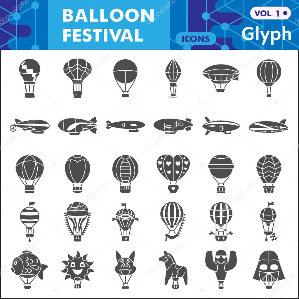 Balloon festival solid icon set, Hot Air Balloon symbols collection or sketches. Festive balloons glyph style signs for web and app. Vector graphics isolated on white background