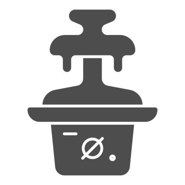 Çikolata çeşmesi katı ikonu, çikolata festivali konsepti, beyaz arka planda fondü tabelası, mobil konsept ve web tasarımı için kabartma şeklinde çikolata tatlı makinesi simgesi. Vektör grafikleri.