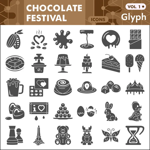 Ensemble d'icônes solides du festival du chocolat, collection de symboles de confiserie ou croquis. Cacao et chocolat signes de style glyphe pour le web et l'application. Graphiques vectoriels isolés sur fond blanc. — Image vectorielle