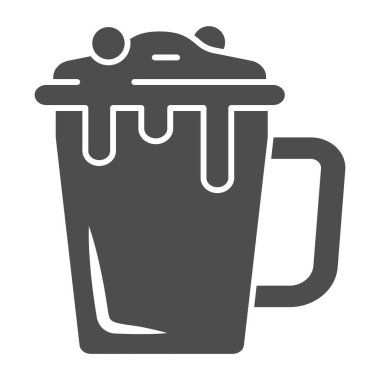 Kupa şeklindeki sıcak çikolata, çikolata festivali konsepti, beyaz arka planda sıcak çikolata tabelası, mobil konsept için glyph tarzı sıcak içecek ikonu, web tasarımı. Vektör grafikleri.