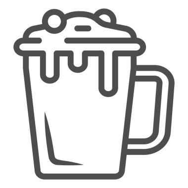 Kupa çizgisi ikonunda sıcak çikolata, çikolata festivali konsepti, beyaz arka planda sıcak çikolata tabelası, mobil konsept için ana hatlı sıcak içecek ikonu, web tasarımı. Vektör grafikleri.