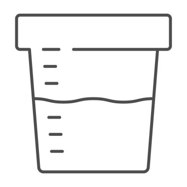 İnce çizgi ikonu analizi için idrar örneği, tıbbi test konsepti, beyaz arka planda konteynır işareti, mobil ve web için ana hatlı plastik kavanoz ikonunda idrar testi. Vektör grafikleri.