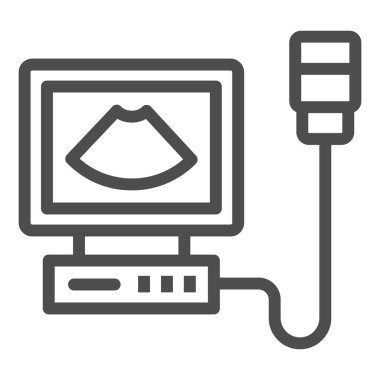 Ultrason makinesi çizgisi ikonu, tıp konsepti, beyaz arka planda tıbbi teşhis makinesi işareti, taşınabilir konsept ve web tasarımı için ana hatlı ultrason tarayıcı ikonu. Vektör grafikleri.