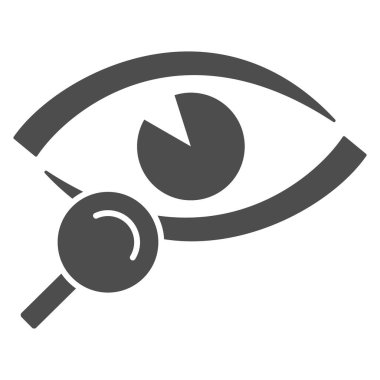 Vizyon testi katı ikonu, tıbbi test konsepti, beyaz arka planda görüş kontrolü işareti, mobil konsept ve web tasarımı için glifte göz simgesi olan büyüteç. Vektör grafikleri.