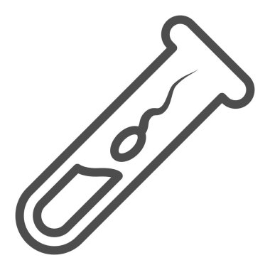 Test tüpü ikonunda sperm, tıbbi test konsepti, beyaz arka planda bilim laboratuarında bebek yaratımı, ana hatlarıyla sperm ikonu olan kimyasal test tüpü. Vektör grafikleri.