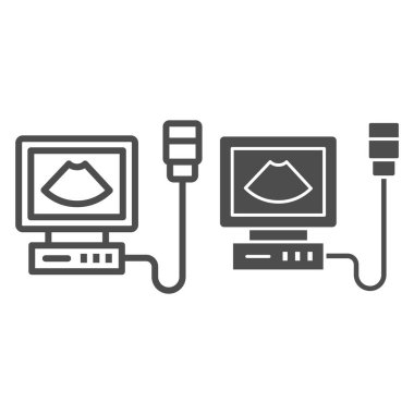 Ultrason makinesi çizgisi, katı ikon, tıp konsepti, beyaz arka planda tıbbi teşhis makinesi işareti, mobil konsept ve web tasarımı için ana hatlı ultrason tarayıcı simgesi. Vektör grafikleri.