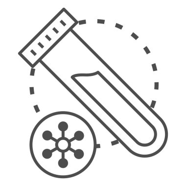 İnce çizgi ikonu için virüs örneği, tıbbi test konsepti, beyaz arka planda kan izi olan plastik test tüpü, test tüpü ve virüs hastalıkları ikonu. Vektör grafikleri.