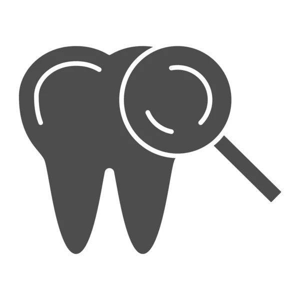 歯の検査固体アイコン,医学検査の概念,白い背景に虫眼鏡の標識を持つ健康な歯,モバイル用のグリフスタイルの拡大鏡のアイコンの下の歯.ベクトルグラフィックス. — ストックベクタ