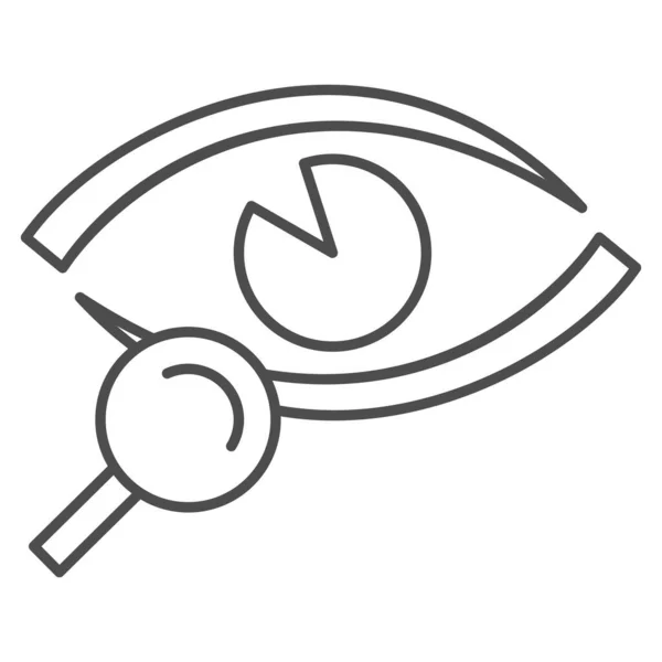 Vision test tenká čára ikona, Zdravotnické testy koncept, Oční kontrola znamení na bílém pozadí, Lupa s ikonou oka ve stylu obrysu pro mobilní koncept a web design. Vektorová grafika. — Stockový vektor