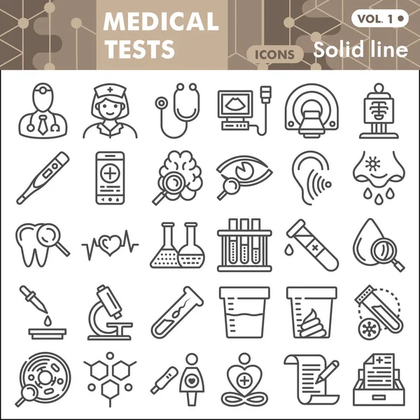 Test medici linea icona set, Sanità simboli raccolta o schizzi. Dispositivi medici segni di stile lineare per web e app. Grafica vettoriale isolata su sfondo bianco. — Vettoriale Stock