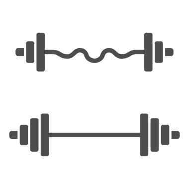 Mankafa ve halterin katı ikonu, spor salonu konsepti, beyaz arka planda spor ekipmanı tabelası, mobil konsept ve web tasarımı için glifli ağırlık simgesi seti. Vektör grafikleri.