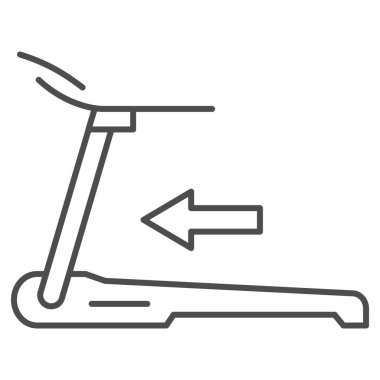 Koşu bandı ince çizgi ikonu, spor salonu konsepti, beyaz arka planda koşmak için eğitim makinesi, mobil konsept ve web tasarımı için ana hatlı koşu bandı ikonu. Vektör grafikleri.