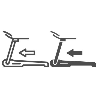 Koşu bandı çizgisi, sağlam ikon, spor salonu konsepti, beyaz arka planda koşmak için eğitim makinesi, mobil konsept ve web tasarımı için ana hatlı koşu bandı ikonu. Vektör grafikleri.