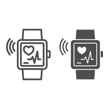 Akıllı saat çizgisi, sağlam ikon, spor salonu konsepti, beyaz arka planda kalp atış hızı işareti olan bilek saati, mobil konsept ve web tasarımı için ana hatlı Fitness bileklik ikonu. Vektör grafikleri.