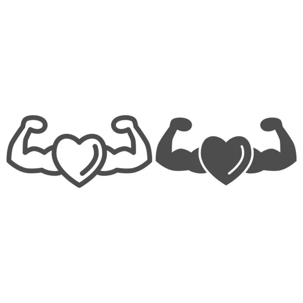 Línea de corazón saludable y fuerte e icono sólido, concepto de gimnasio, fuerte signo de salud en el fondo blanco, corazón con el icono de brazos musculares en el estilo de esquema para el concepto móvil y el diseño web. Gráficos vectoriales. — Vector de stock