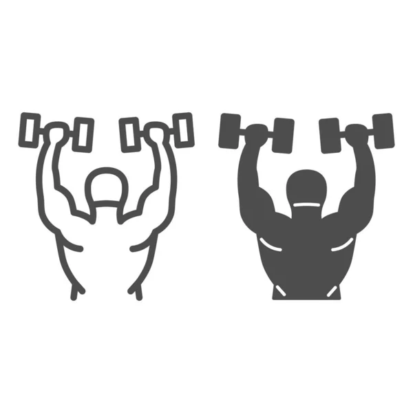 Dumbbell line 및 solid icon, Gym 컨셉트 , Weightlifter sign on white background, Bodybuilder 는 모바일 개념과 웹 디자인을 위해 barbell 아이콘을 들어 올린다. 벡터 그래픽. — 스톡 벡터