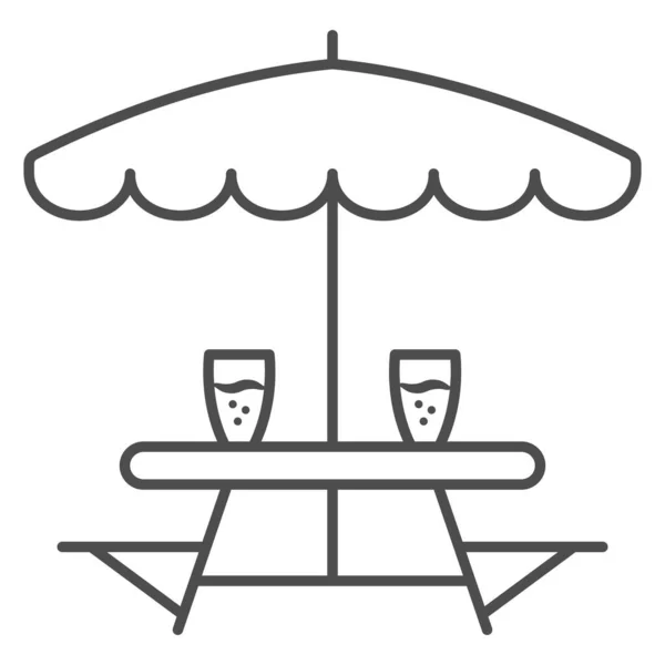 ベンチの細い線のアイコン、オクトーバーフェストのコンセプト、白い背景に傘のサインを持つ屋外のキャンプ家具、モバイル用アウトラインスタイルでテーブルのアイコンをキャンプ。ベクトルグラフィックス. — ストックベクタ