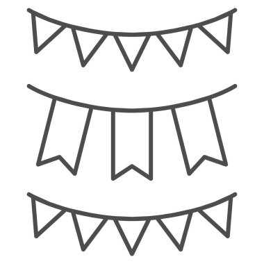 Bayraklar, ince çizgi ikonu, Oktoberfest konsepti, beyaz arka planda çelenk ve bayraklar, mobil ve web tasarımı için ana hatlı tatil dekorasyon ikonu olan bayram çelengi. Vektör grafikleri.