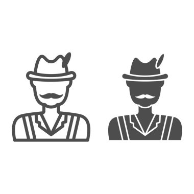 Ulusal kostüm çizgisi ve sağlam ikon, Oktoberfest konsepti, beyaz arka planda Alman festival karakteri işareti, mobil konsept ve web tasarımı için tasarım tarzında avcı ikonu. Vektör grafikleri.