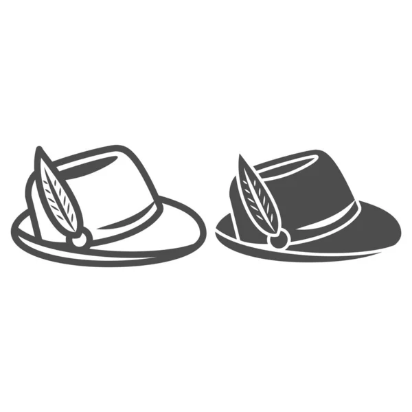Chapeau avec ligne de plumes et icône solide, concept Oktoberfest, panneau de chapeau Oktoberfest sur fond blanc, chapeau de chasse allemand avec plumes et icône de corde dans le style de contour pour mobile et web. Graphiques vectoriels. — Image vectorielle