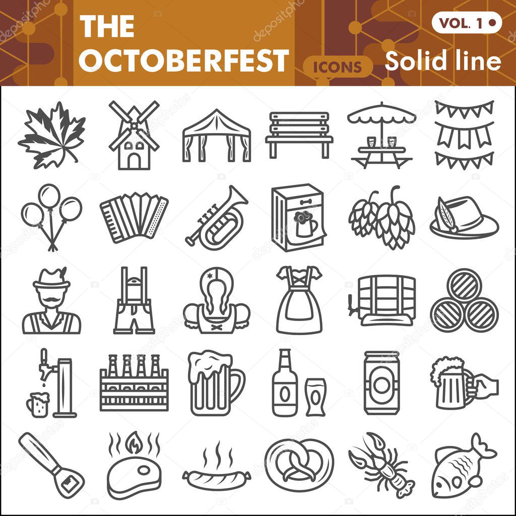 Oktoberfest line icon set, beer and food symbols collection or sketches. Beer festival linear style signs for web and app. Vector graphics isolated on white background.