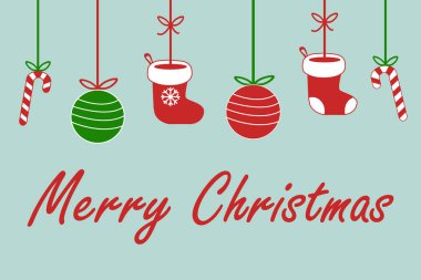 neşeli Noel Tabela metni Noel Baba çorap, Noel top ve lolipop şeker kırmızı beyaz ve açık mavi renkli sevimli vektör çizim üzerinde yeşil şerit üzerinde asılı