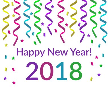 Mutlu yeni yıl metin pembe mor sarı yeşil ve mavi konfeti yıldız ve beyaz arka plan vektör yeni yıl arifesi daveti veya tebrik kartı izole pırıltılar