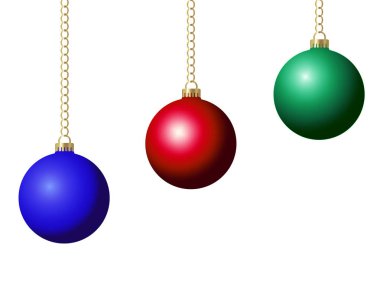 Noel top dekorasyon mavi kırmızı ve yeşil altın zincir 3d görünüm üzerinde beyaz vektör illüstrasyon izole asılı kümesi