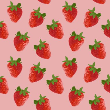 gerçekçi kırmızı çilek yeşil ile seamless modeli üzerinde pembe adam bırakır.