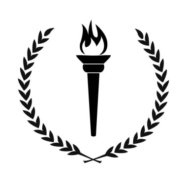 meşale defne çelengi ile yanan alev siyah simgesini daire basit düz vektör çizim simgesi zafer bırakır, oyun veya başarı başarı kavramı spor