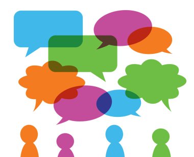 çeşitli şekil, yeşil turuncu mavi pembe ve stilize insan figürleri, vektör eps 10 grup kümesi renkli şeffaf konuşma kabarcıklar