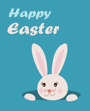 Paskalya tebrik kartı ile metin mutlu Paskalya ve sevimli çizgi bunny tavşan deliğinden seyir mavi arka plan