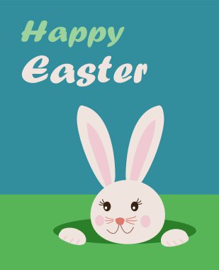 Paskalya tebrik kartı metin mavi Paskalya ve çim, delik bir bakıyorum sevimli tavşan tavşan mutlu ile arka plan