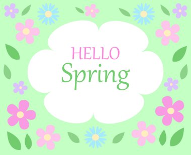 bahar çiçek bacground metin Merhaba bahar beyaz ve pastel yeşil pembe ve mavi çiçekler ve yeşil renkler vektör mevsimlik şablon bırakır