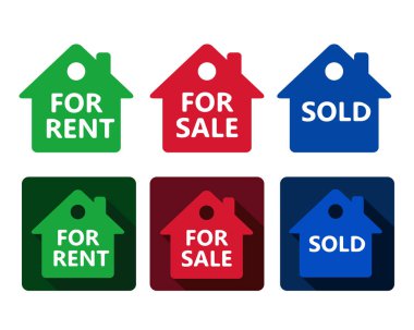 Basit düz tasarım gölge ile yuvarlak meydanında satışında satılan ve beyaz arka plan üzerinde izole Emlak house simge kırmızı yeşil ve mavi evleri ile metin kiralik kümesi 