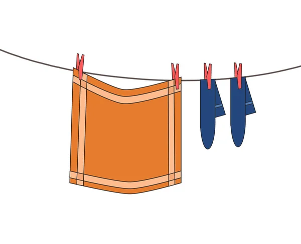 Clothes Line Hanging Washed Orange Clothes Dish Cloth Blue Socks — Stock Vector