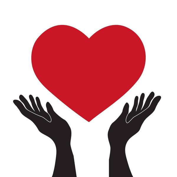 вектор простой плоские черные руки держа красный значок сердца, любовь романтики или здравоохранения концепции
