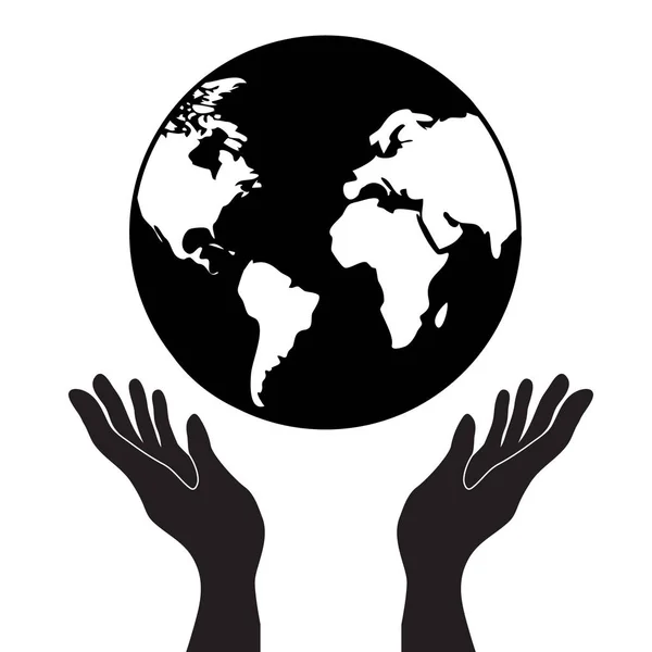 Protecting Control Hands Holding Globe Planet Earth Continets Simple Black — Stock Vector