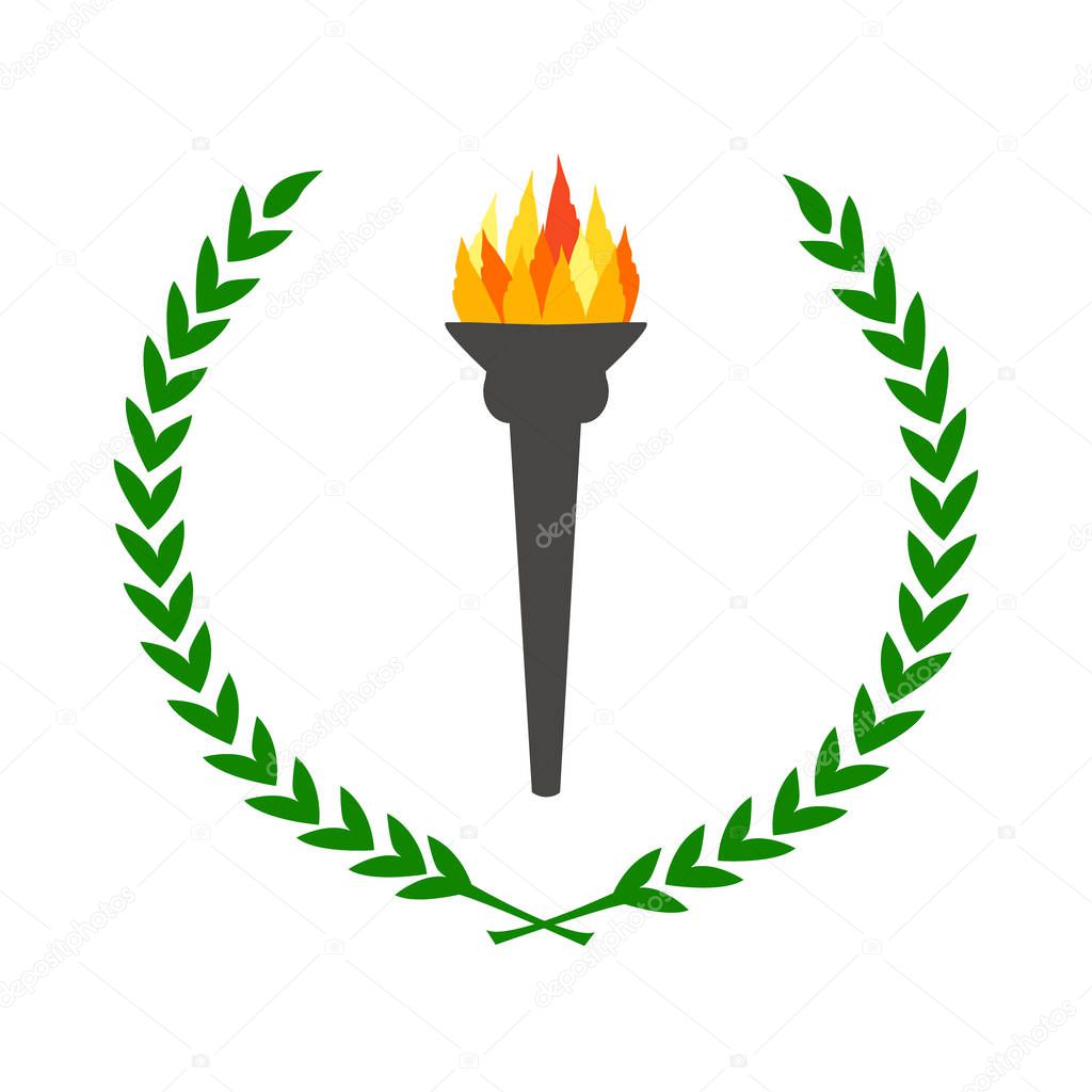 Czech republic, Prague, January 24, 2018, olympic flame burning torch with laurel wreath green leaves circle simple color flat vector illustration olympic games symbol
