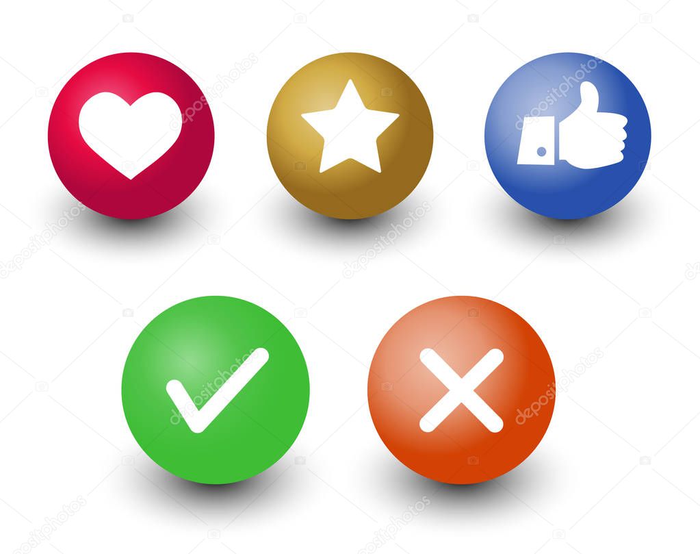 mark check o.k.,cancel, like, voting and rating vector icon set,  hand with thumb up, star and heart symbol in color 3d circle buttons with shadow