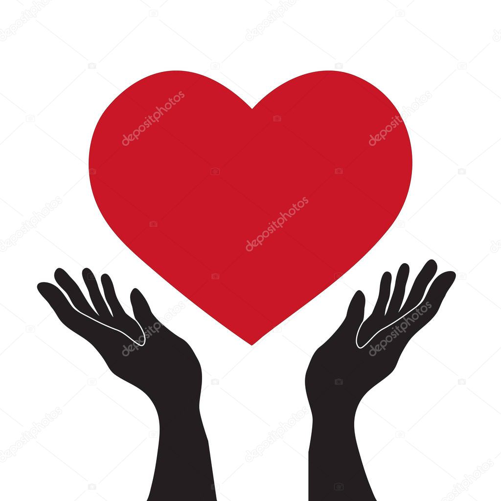 Vector simple flat black hands holding red heart icon, love romance or health care concept
