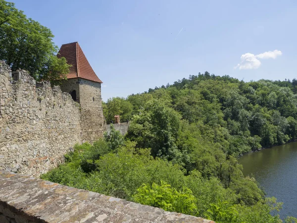 Vista Muralha Castelo Medieval Zvikov Klingenberg Parede Com Torre Rio — Fotografia de Stock