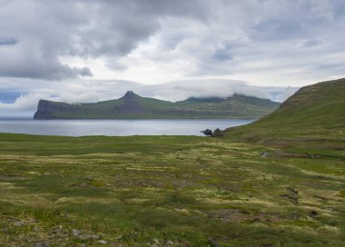 Batı fjords güzel Hornbjarg kayalıklardan doğal görünümde, uzak doğa rezerv Hornstrandir İzlanda, yeşil çayır, çiçekler, su akışı ve tepeler, mavi deniz ve bulutlu gökyüzü arka plan ile