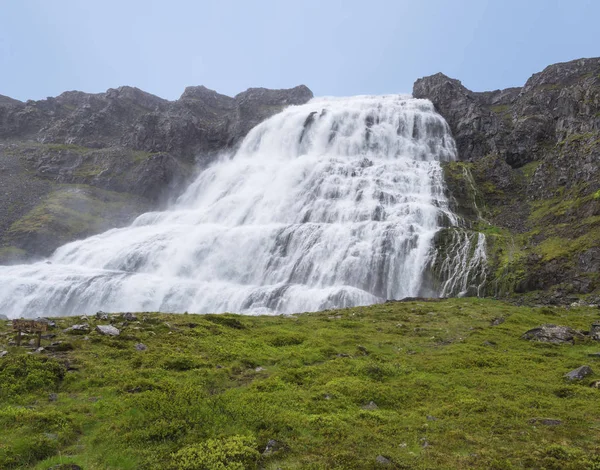 Dynjandi Waterval Grootste West Fjorden Van Ijsland Zomer Rock Groen — Stockfoto